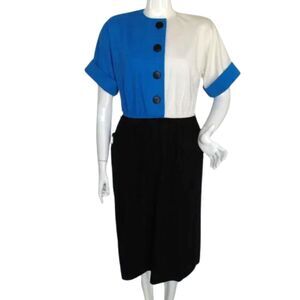 LESLIE FAY Dress, S, Vintage 70s, Color block, Blue/White/Black, Hip pockets